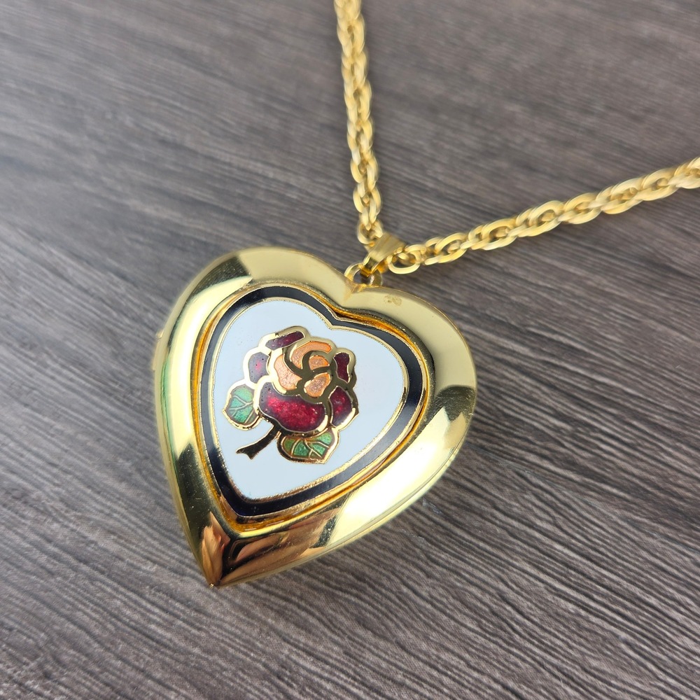 Cloisonne' Enamel Puffy Heart Shaped Rose Locket Necklace Gold Tone‎ Romantic